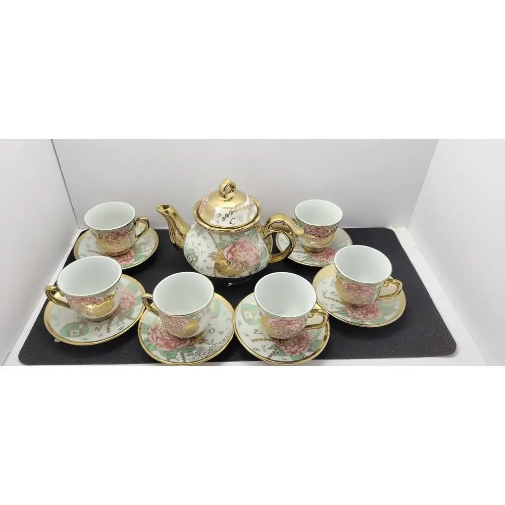 Vintage Tea Set Porcelain Teapot Cups Saucers Floral Gold Trim 13 Pc Japan Style